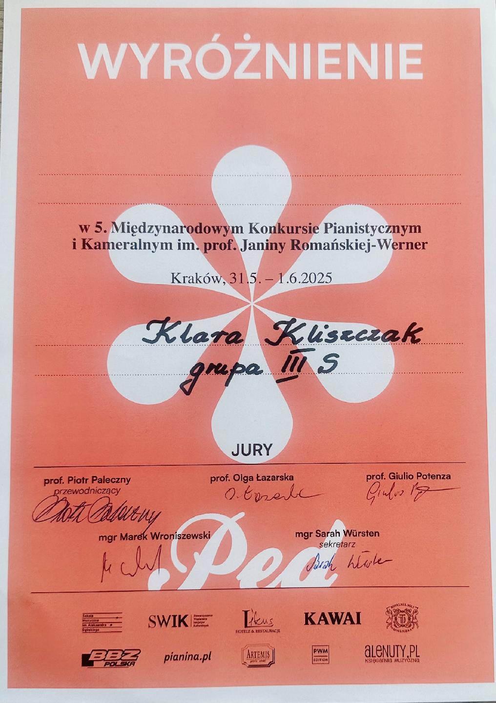 5. Międzynarodowy Konkurs Pianistyczny i Kameralny im. prof. Janiny Romańskiej-Werner, Kraków 31 V 2025